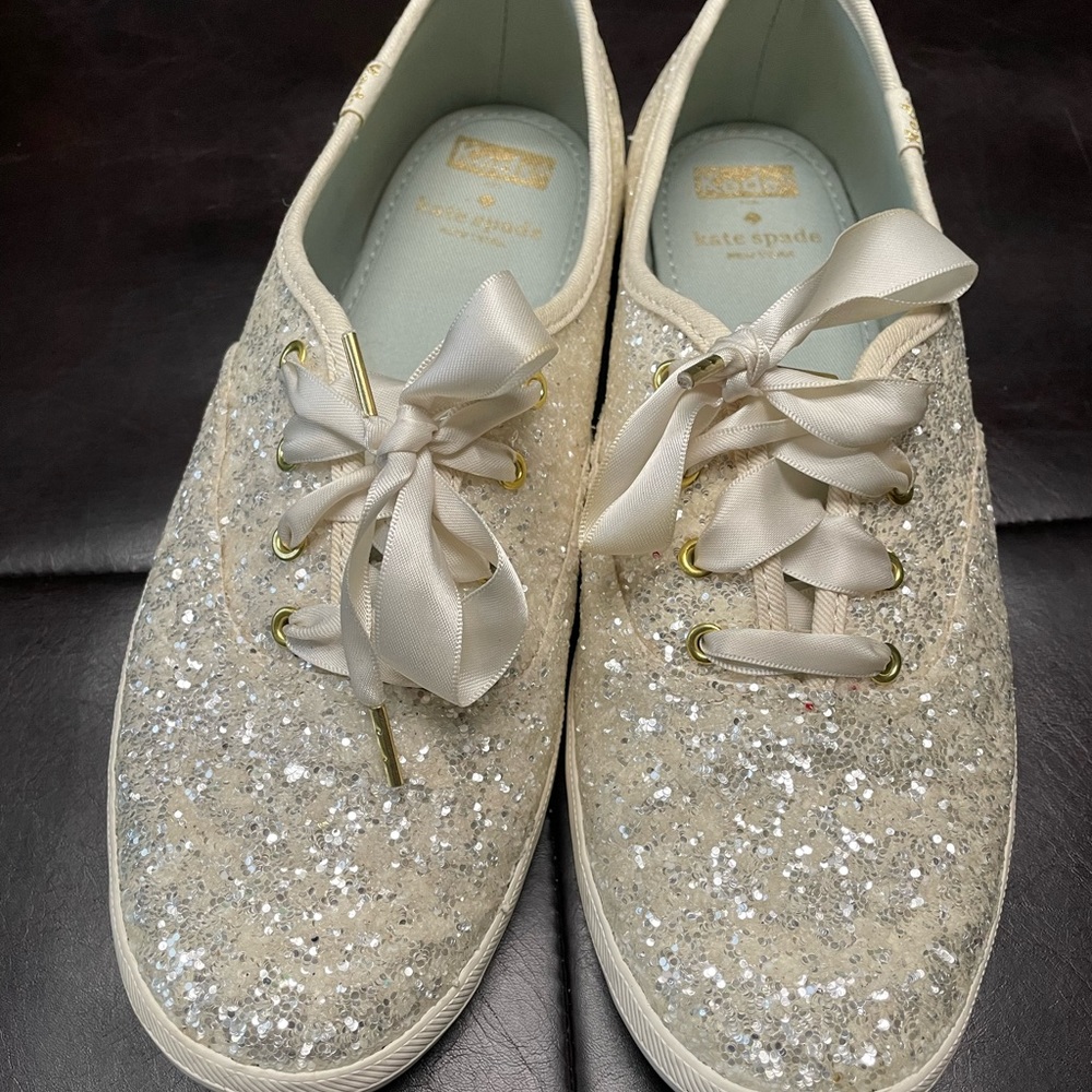 Keds x Kate Spade New York Champion Glitter Sneakers, Cream. Size 8.5 M.